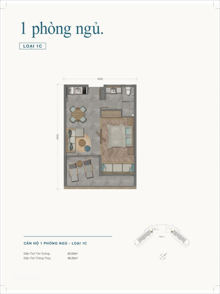 Layout căn hộ 1 phòng ngủ loại 1C