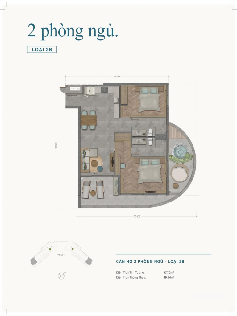 Layout căn hộ 2 phòng ngủ loại 2B