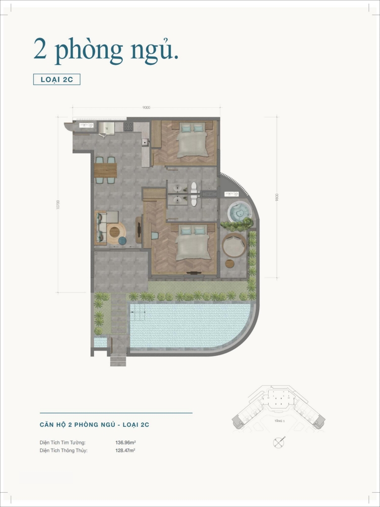 Layout căn hộ 2 phòng ngủ loại 2C