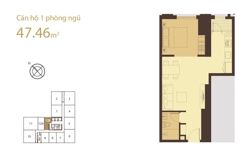 Layout căn hộ 1 phòng ngủ 47.46m2