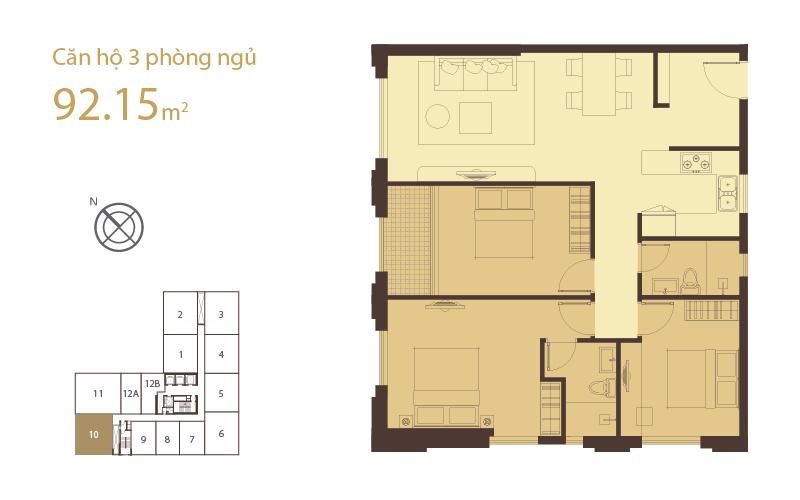 Layout căn hộ 3 phòng ngủ 92.15m2