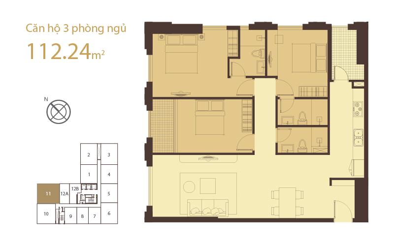 Layout căn hộ 3 phòng ngủ 112.24m2