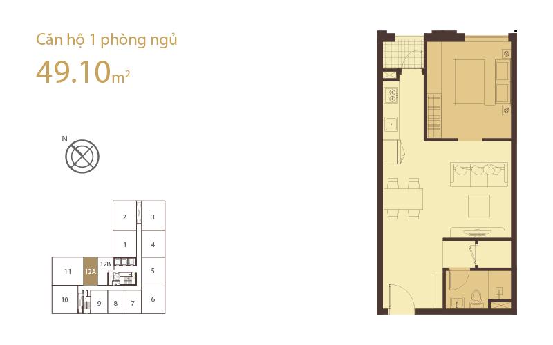 Layout căn hộ 1 phòng ngủ 49.1m2