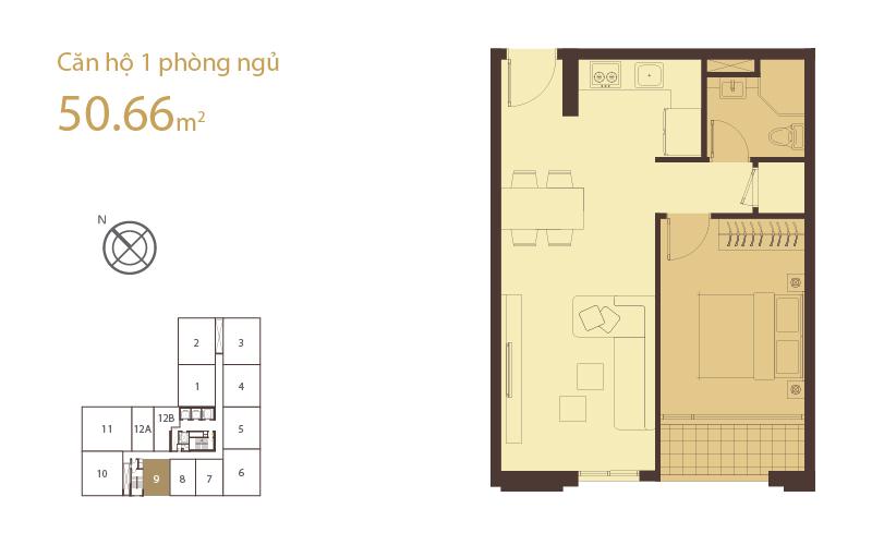 Layout căn hộ 1 phòng ngủ 50.66m2