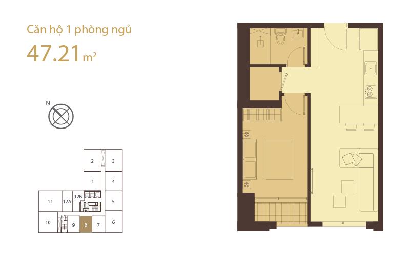 Layout căn hộ 1 phòng ngủ 47.21m2