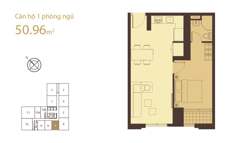 Layout căn hộ 1 phòng ngủ 50.96m2