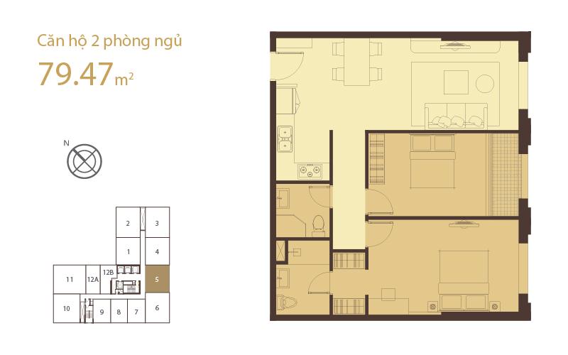 Layout căn hộ 2 phòng ngủ 79.47m2