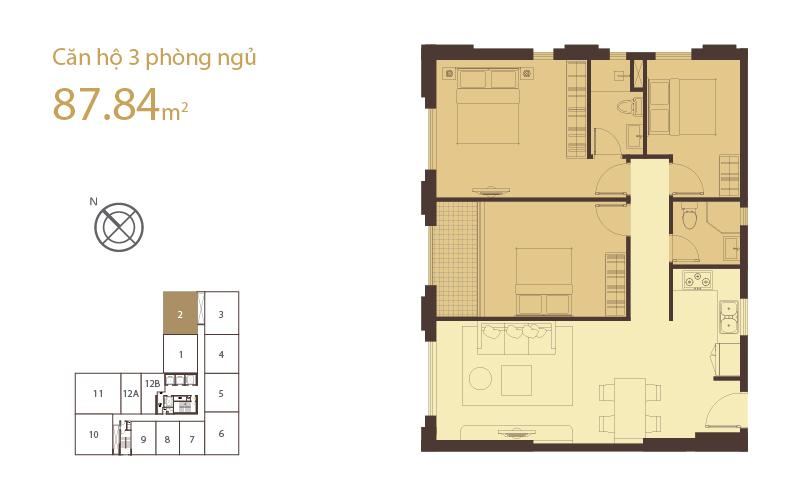 Layout căn hộ 3 phòng ngủ 87.84m2