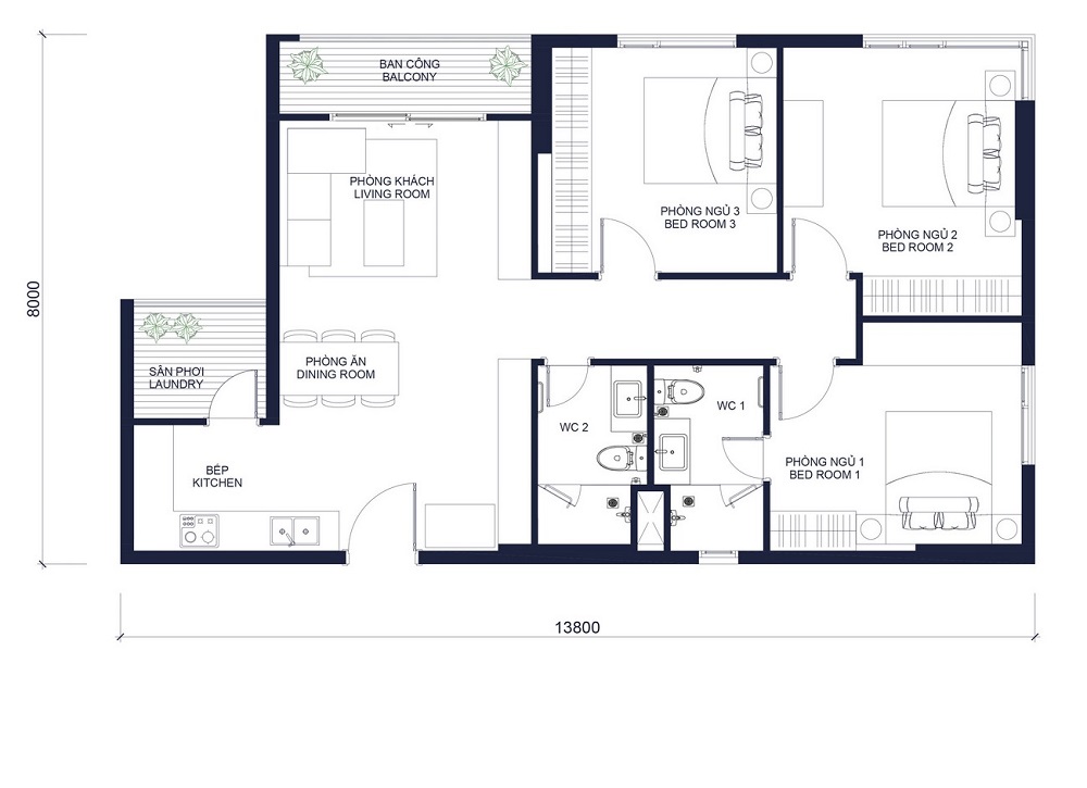Thiết kế căn hộ 3 phòng ngủ - dự án Millennium Masteri 