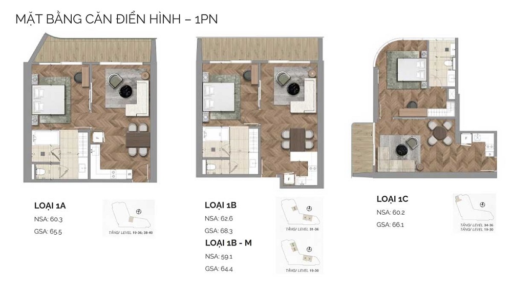 Mặt bằng căn hộ 1PN dự án Nobu Hotel & Residences Đà Nẵng