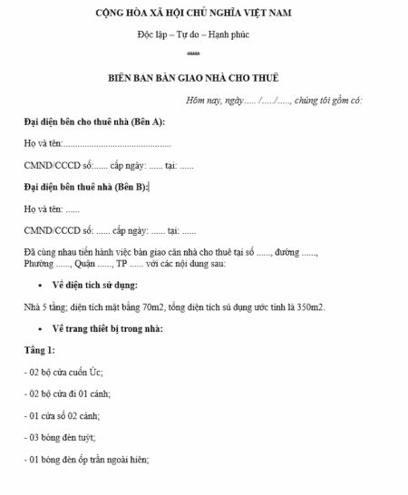 Mẫu biên bản bàn giao nhà sau khi mua bán, cho thuê