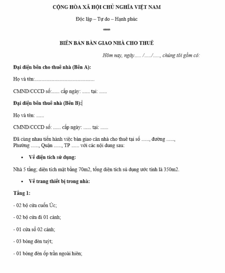 Mẫu biên bản bàn giao nhà sau khi mua bán, cho thuê