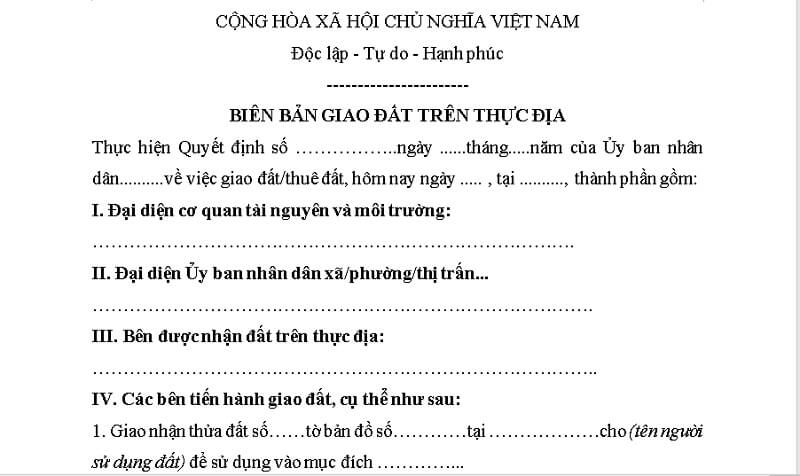 Mẫu biên bản bàn giao đất tham khảo