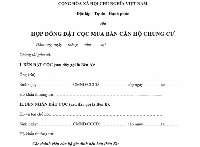 Mẫu hợp đồng đặt cọc mua nhà chung cư mới nhất