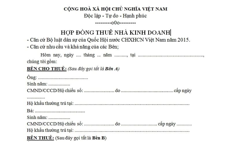 Mẫu hợp đồng thuê nhà kinh doanh mới nhất