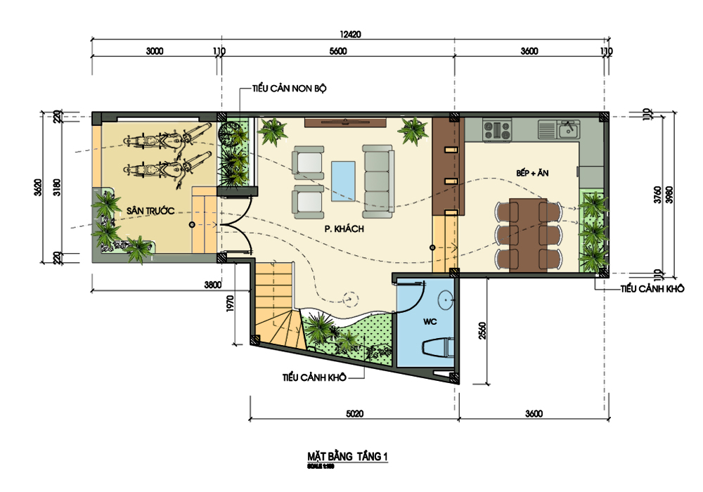 Một cạnh xéo có thể được chọn làm mặt tiền của ngôi nhà, tạo sự độc đáo trong thiết kế