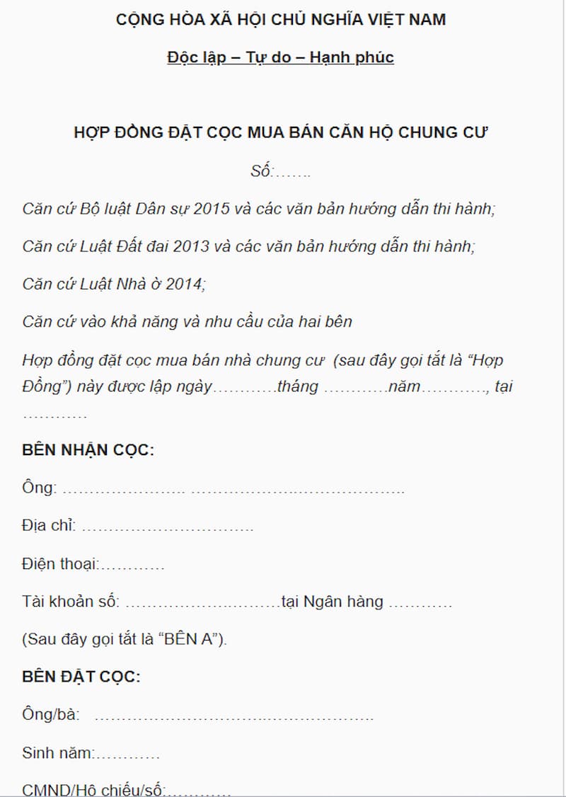 Đặt cọc mua chung cư