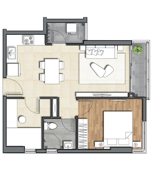 Layout căn hộ 1 phòng ngủ