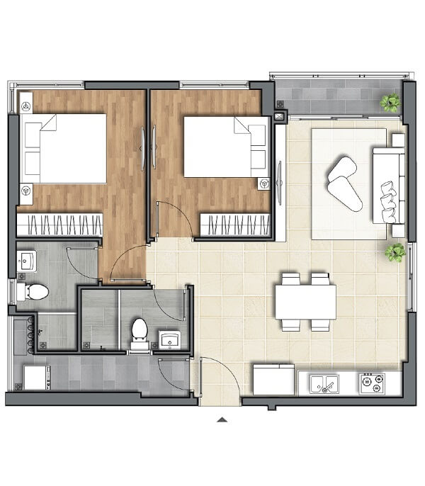 Layout căn hộ 2 phòng ngủ