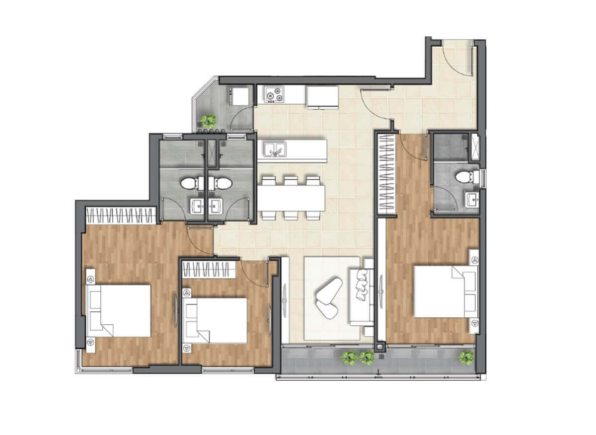 Layout căn hộ 3 phòng ngủ