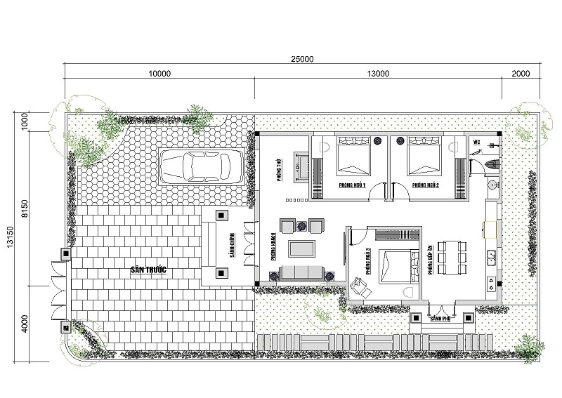 Mẫu nhà cấp 4 đẹp 100m2 3 phòng ngủ mái lệch