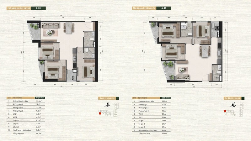 Layout căn hộ 3 phòng ngủ
