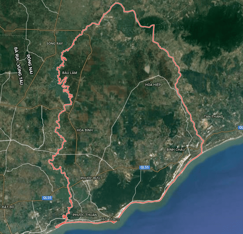 Huyện Xuyên Mộc thể hiện trên bản đồ Google vệ tinh