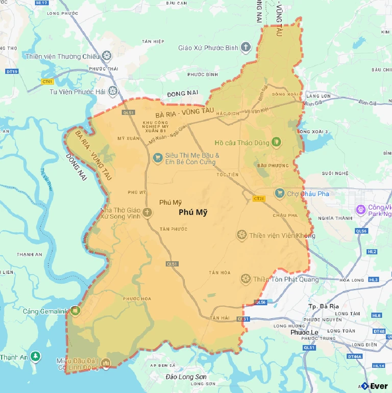 Bản đồ hành chính thành phố Phú Mỹ trước sáp nhập