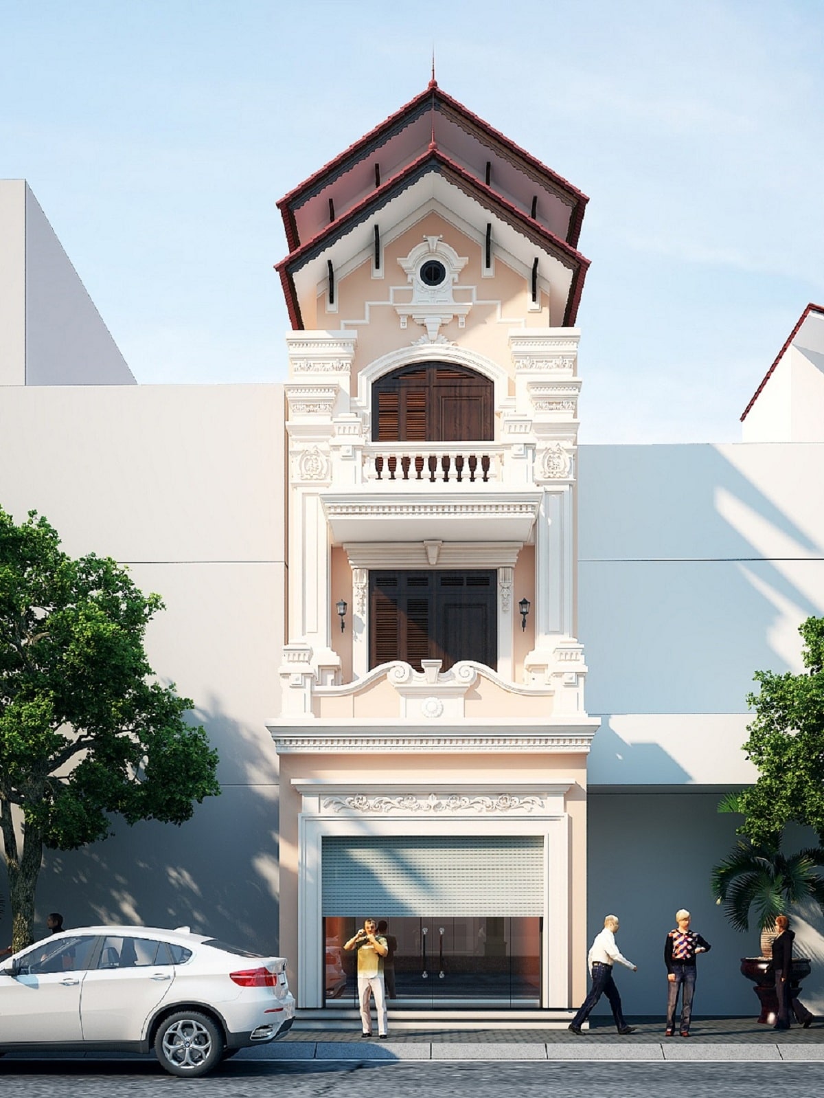 Mẫu nhà ống 3 tầng mái Thái kết hợp đương đại