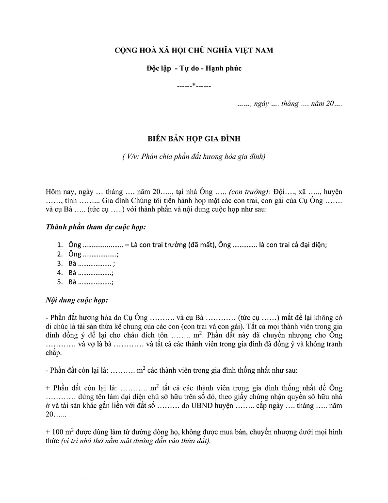 Mẫu biên bản họp gia đình phân chia đất 2025 - Trang 1