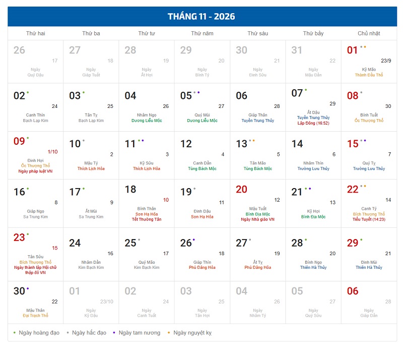 ngày tốt động thổ tháng 11/2026