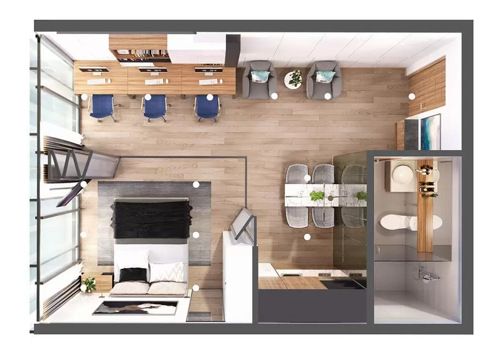 Studio bố trí chữ L thông minh