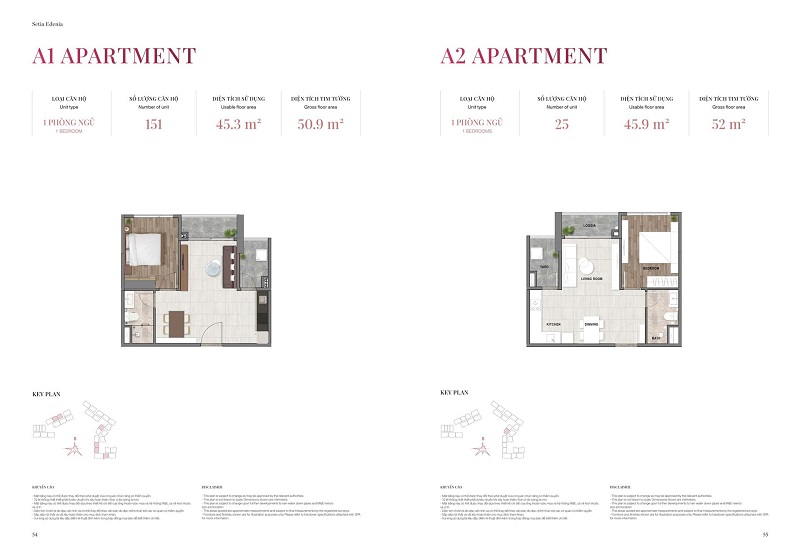 Layout thiết kế căn hộ 1 phòng ngủ mẫu A1 - A2 có diện tích 50m2 - 52m2 tại dự án Setia Edenia Lái Thiêu