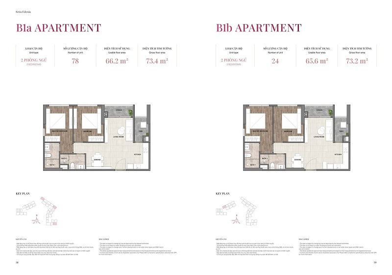 Layout thiết kế căn hộ 2 phòng ngủ mẫu B1a - B1b có diện tích 67m2 - 73m2 tại dự án Setia Edenia Lái Thiêu