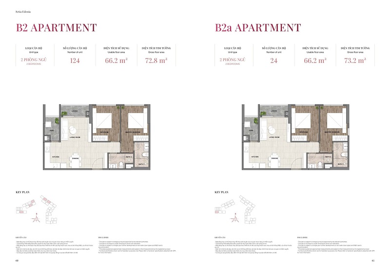 Layout thiết kế căn hộ 2 phòng ngủ mẫu B2 - B2a có diện tích 72m2 - 73m2 tại dự án Setia Edenia Lái Thiêu
