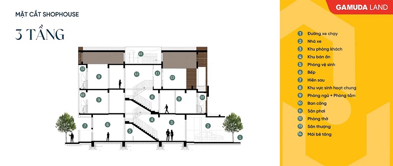 Mặt cắt shophouse 3 tầng